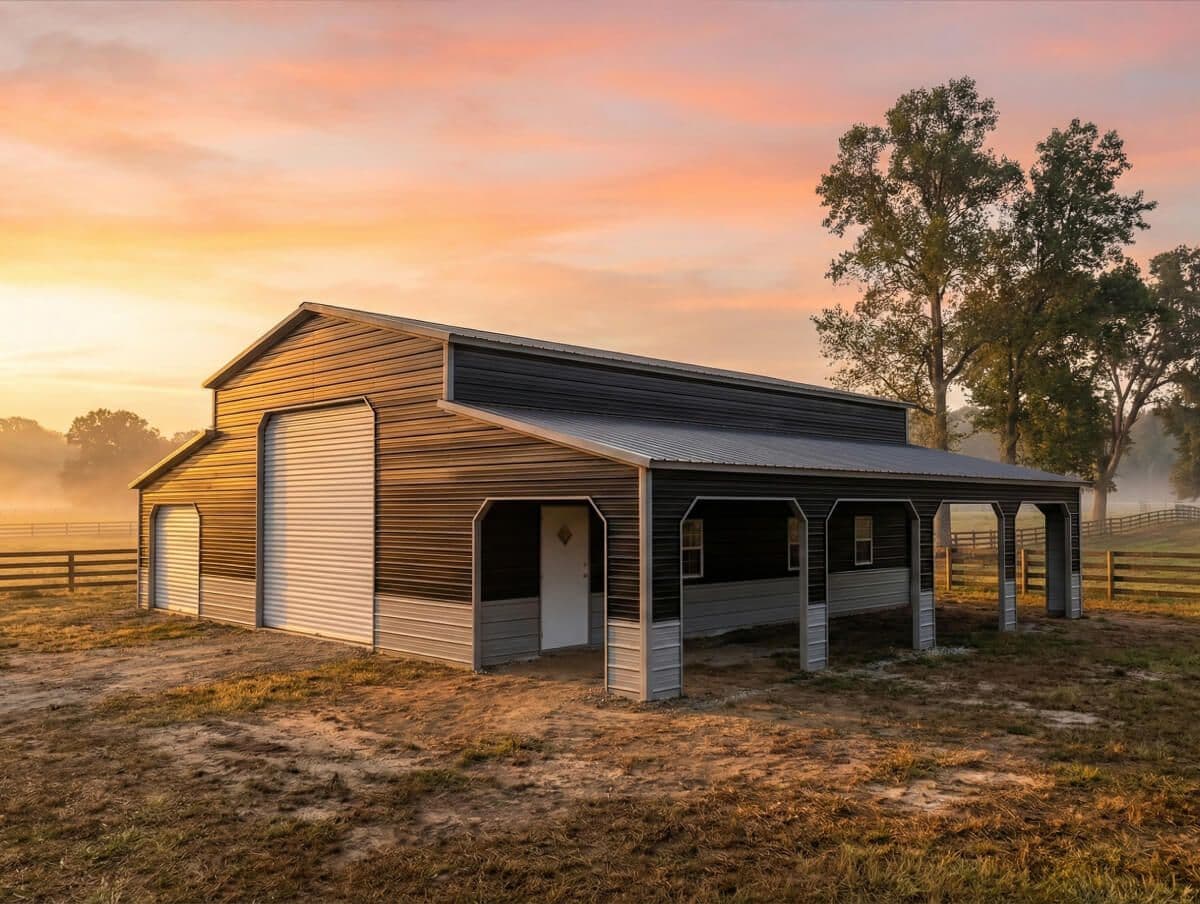 A black steel barn with a covered lean-to porch at sunrise in an open field