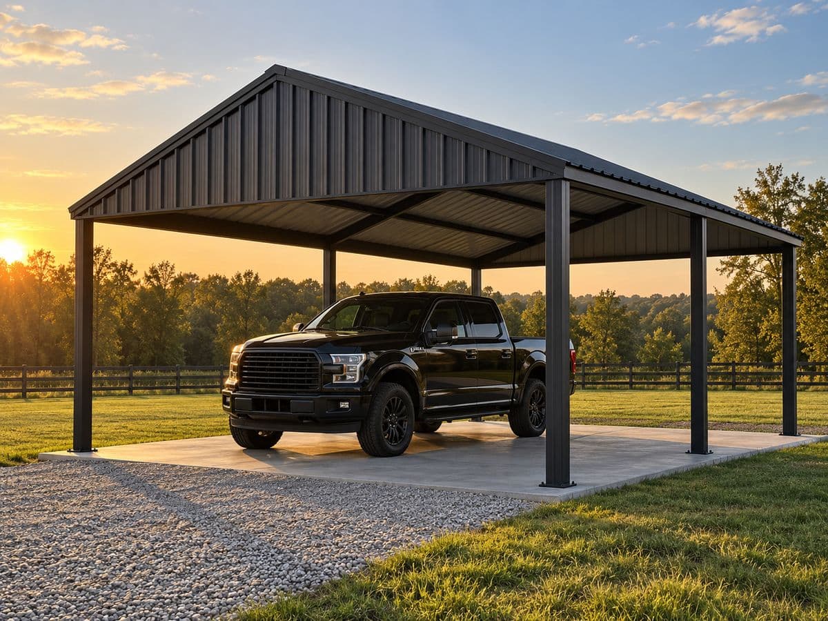 A black steel carport on a concrete pad with a black pickup parked under it at sunset