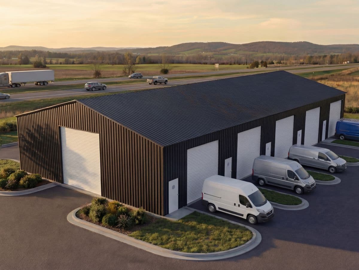 A long black steel commercial building with five roll-up bays and vans parked in front