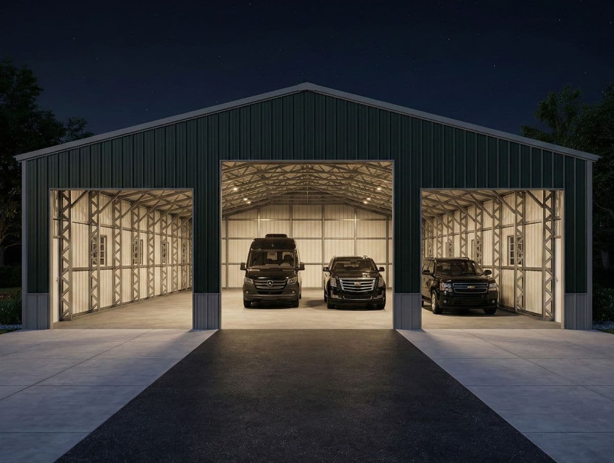 A steel three-bay garage at night with the doors open and the lights on inside