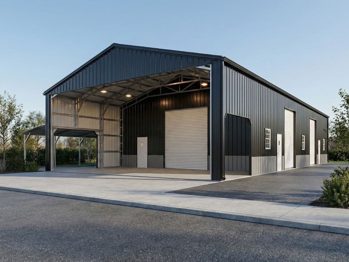 A black steel workshop with one open bay, roll-up doors and a concrete apron